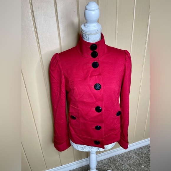 INC International Concepts Women's Red Blazer Puff Sleeve Black Buttons Small - Picture 1 of 5